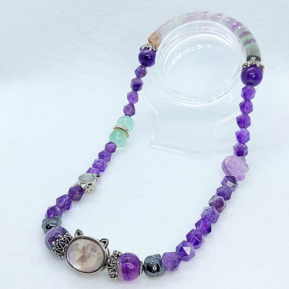 🐱 Fluorite "Kitty" Double Wrap Faceted Amethyst 1/2 Hard Bangle Bracelet - Picture 3 of 6